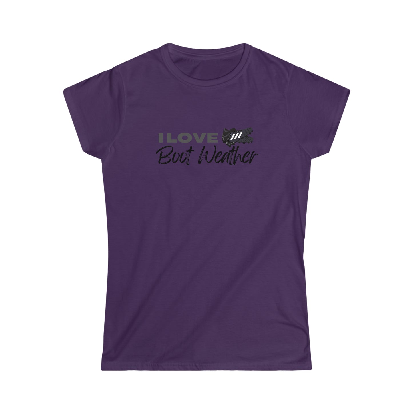 Purple Fitted women's t-shirt sample with I Love Boot Weather imprinted on it and a pair of black cleats