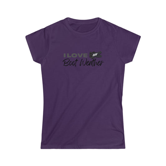 Purple Fitted women's t-shirt sample with I Love Boot Weather imprinted on it and a pair of black cleats