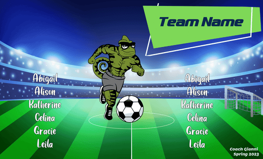 Lizard banner sample with stadium background, players lettering in white, team name in blue on lime green banner, and green lizard mascot with a soccer ball