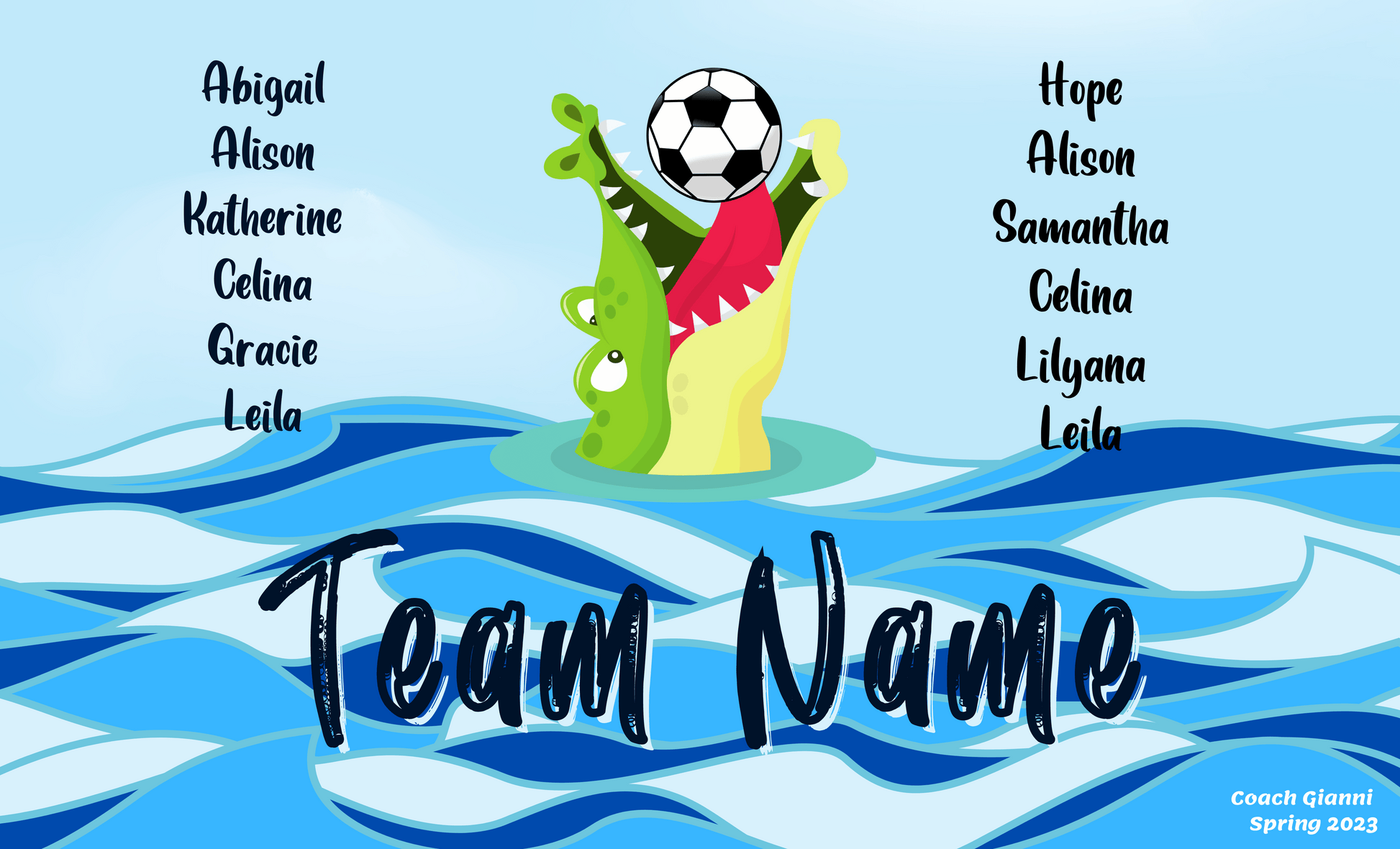 Sample alligator  soccer sports team banner with green alligator biting a soccer ball in water with the team name below and player names on the right and left side