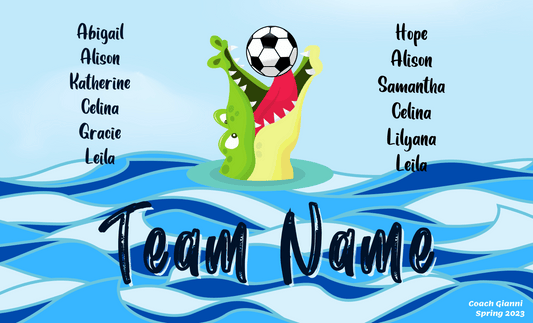 Sample alligator  soccer sports team banner with green alligator biting a soccer ball in water with the team name below and player names on the right and left side