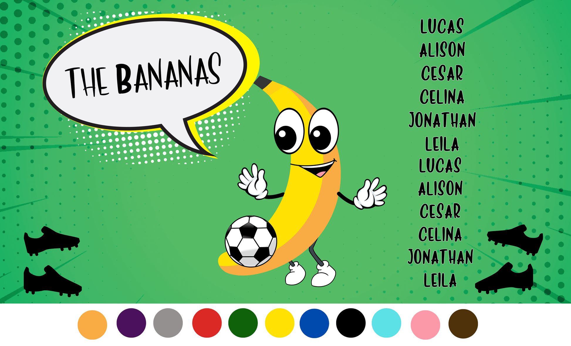 Sample banana mascot sports team banner with green backgound, soccer cleats clip art in black and sample team name and player names in black