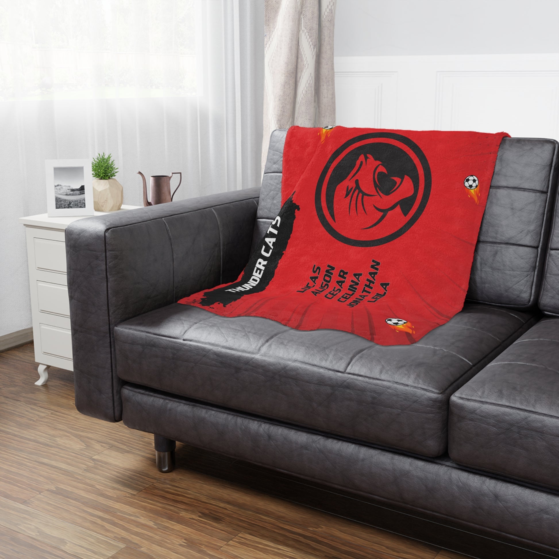 red cats soccer team banner blanket hanging on side of brown leather couch