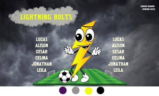 Sample lightning mascot soccer banner with cloudy sky background, yellow team lettering, and white player lettering