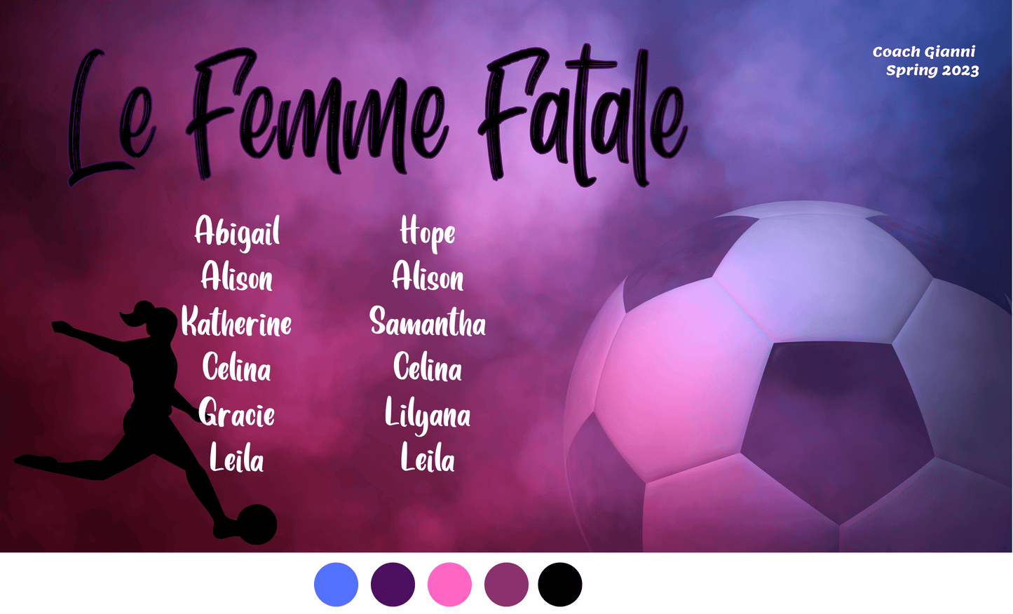 Banner with Pink and Purple Background a large soccer ball and silhouette of a girl kicking a ball in black, team name in black and player names in white