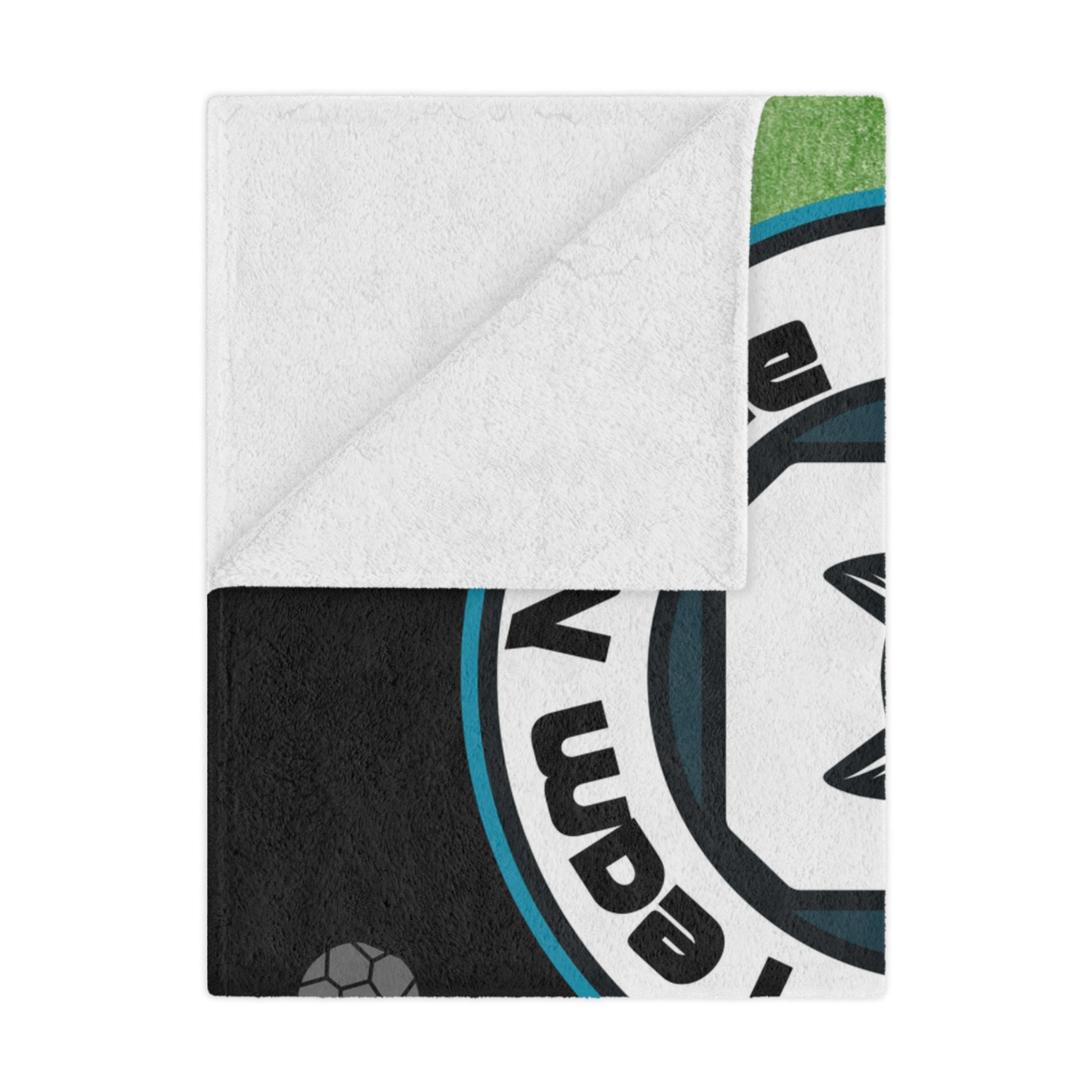 Folded team banner blanket in black and teal