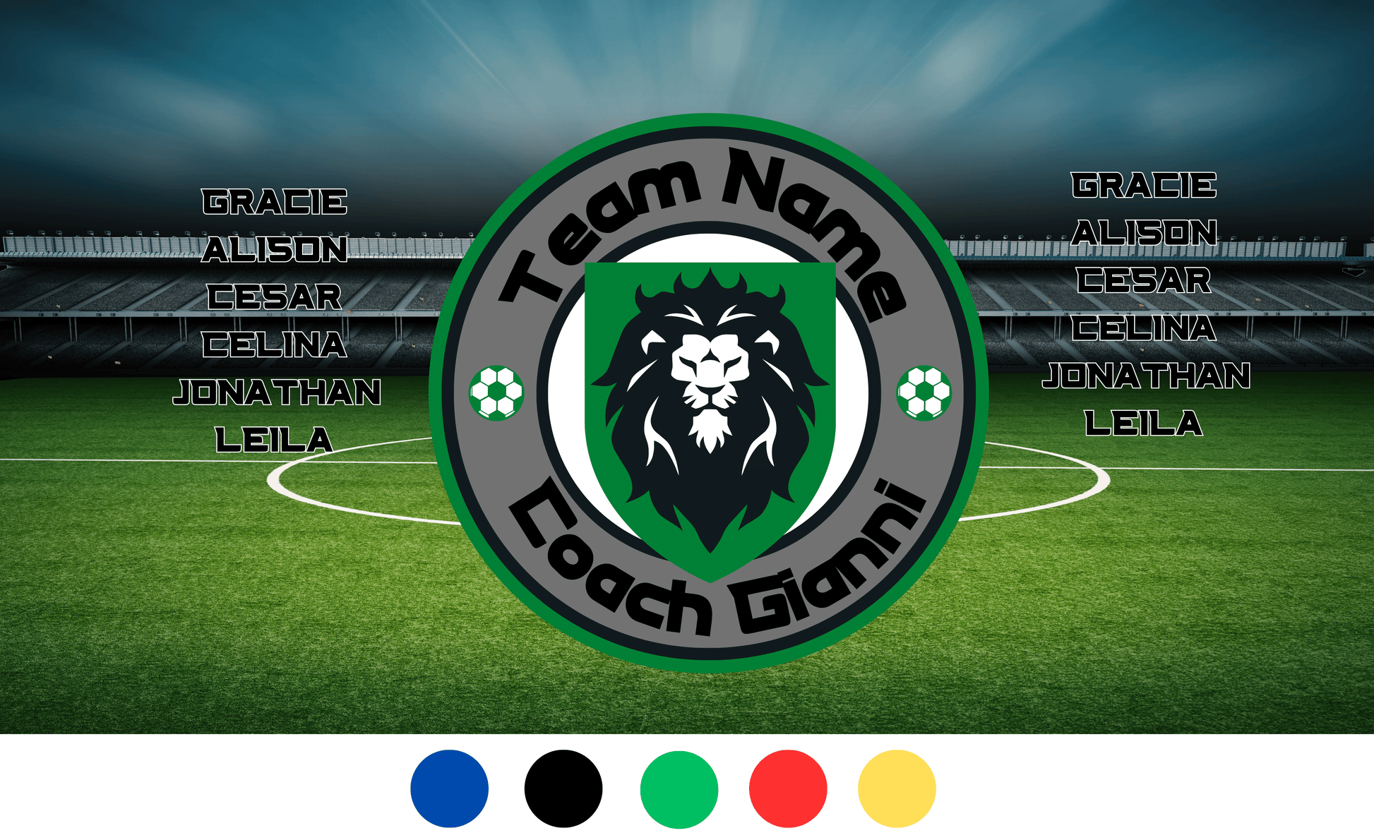 green lions mascot soccer team banner example with soccer arena background