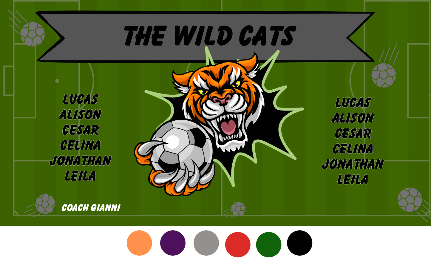 Soccer field birds eye view background with tiger face in the middle clawing a white soccer ball, team name on a gray banner across the top and player names on both sides in black lettering