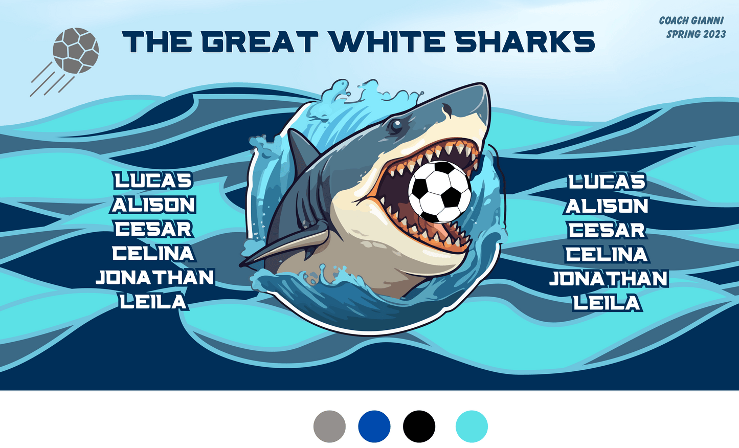 Sample shark sports team banner in grays and blues with ocean. Shows sample team name and player names with color bubbles to show multiple color options