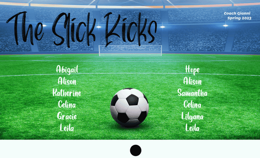 Soccer stadium background with The Slick Kicks Team name on the top in black, a soccer ball on the bottom in teh center with players names around the ball in white