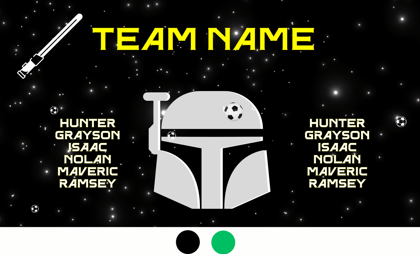 Black outerspace background team banner with white space soldier mascot and team name in yellow and players in white