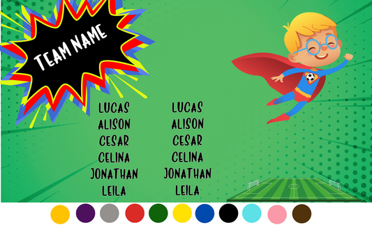 Green pop art background with black splat on left and team name in white lettering, super hero boy flying on right over soccer field and player names in balck on left side bottom