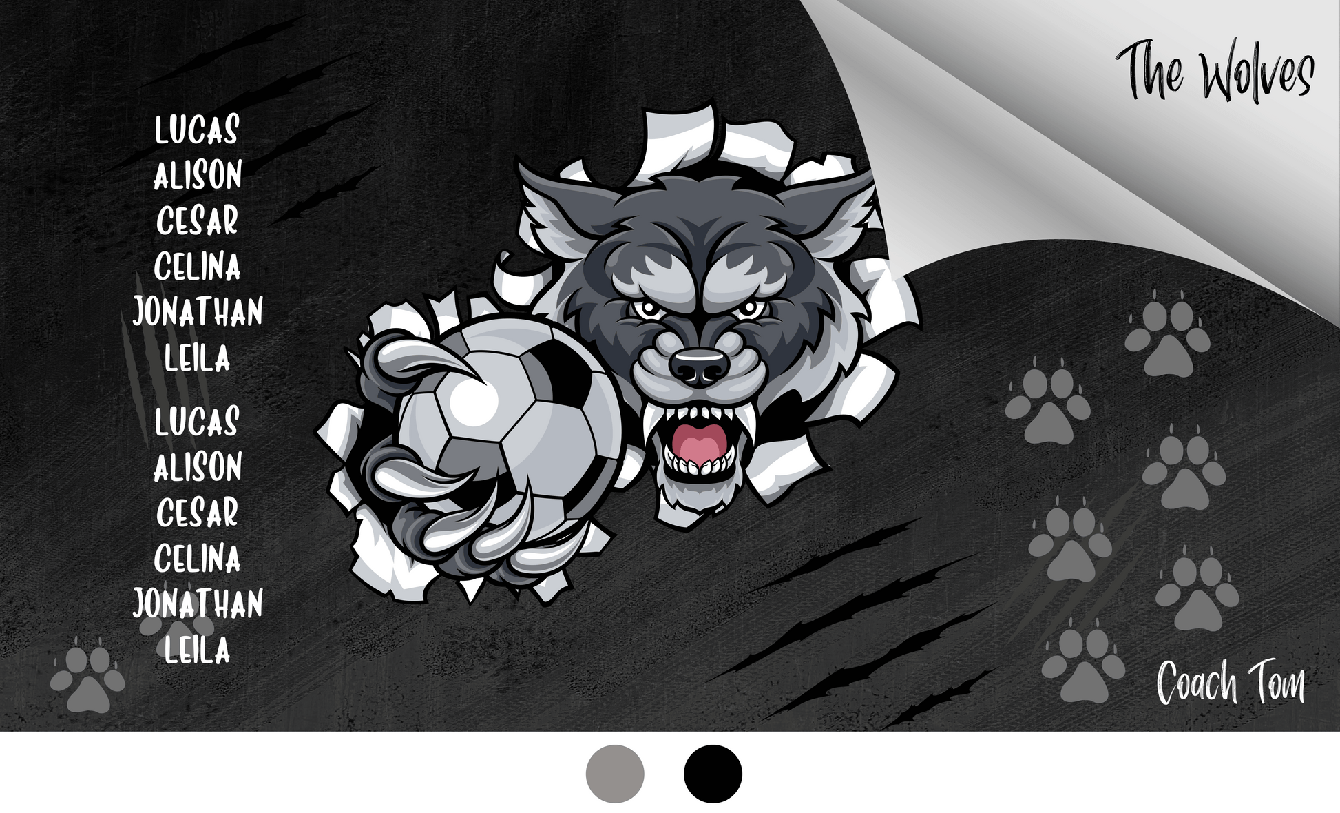 black background with claw marks and top right corner falling open to reveal team name, wolf masot in center clawing  a soccer ball, gray footprints on right side, player names on left in white