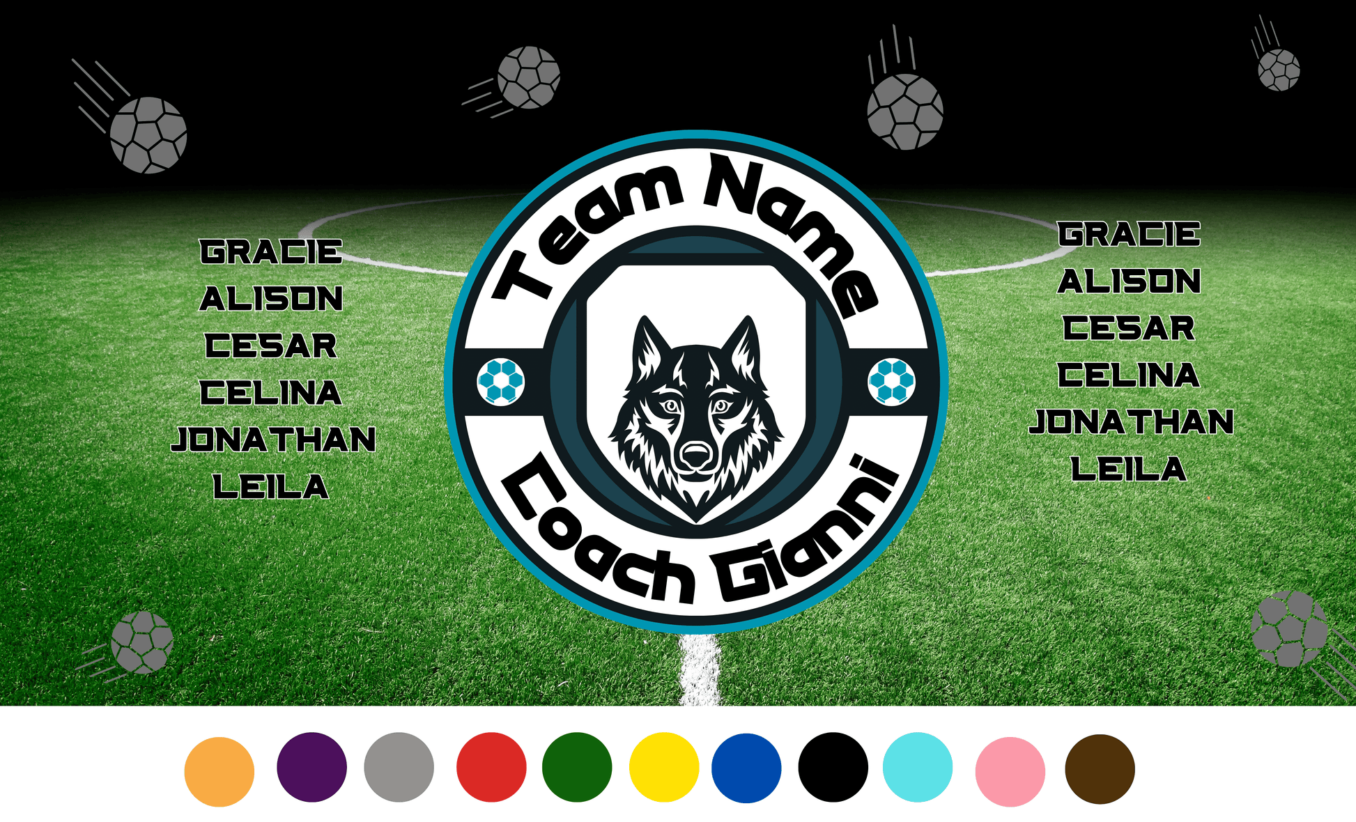 Soccer field at night, gray soccer balls falling, wolf round emblem in center with team name and coach name circling it, players names on right and left in black