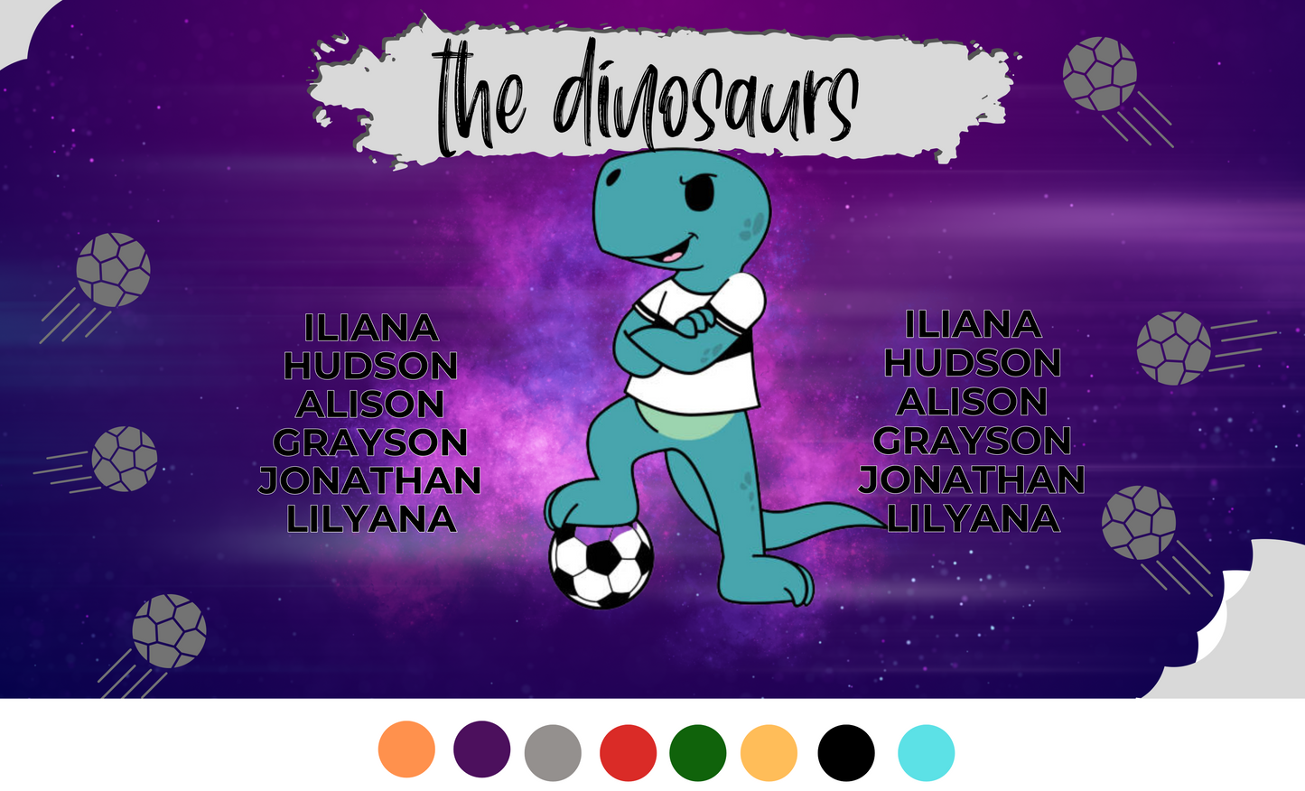 Sample dinosaur banner blanket with purple starry background, teal dinosaur and gray soccer balls