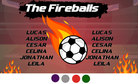 Soccer stadium background with red overlay , a soccer ball on fire in the center, fires on the bottom left and right and team name above in white and player names on the sides in black