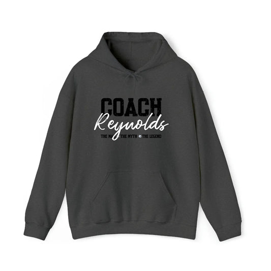 Sample gray coaches gift hoodie sweatshirt with Coach Reynolds The Man The myth the legend imprinted on front