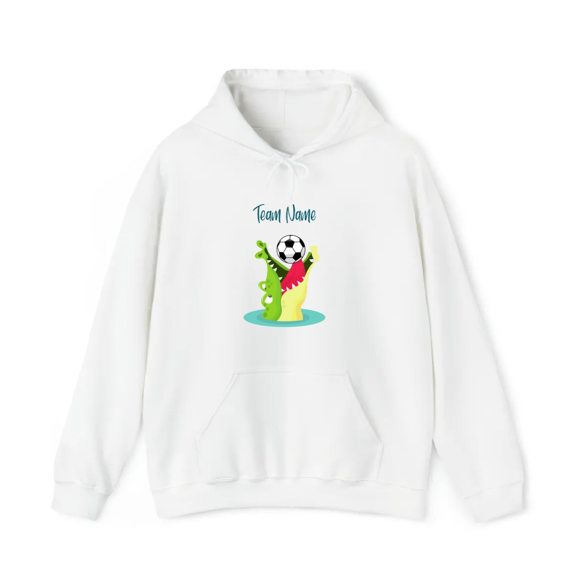 Sample white hooded sweatshirt with team name in teal and icon of an alligatos eating a soccer ball in green